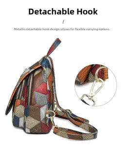 Dettaglio del patchwork di pelle testurizzata e gancio in metallo dorato dello zaino