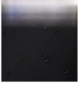 Detail of waterproof black nylon fabric with water droplets on a women's backpack