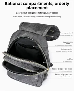 Detalle interior del bolso de pecho gris con múltiples bolsillos con cremallera y ranuras