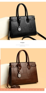 Detail of patchwork tote bags in black and brown showing textured faux leather panels