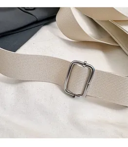Detailed macro view of beige canvas shoulder strap with polished silver metal buckle