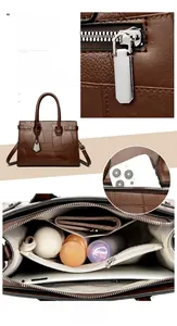 Detailed views of multi-color leather tote with internal compartments and large capacity