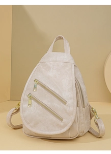 Detalle de mochila de cuero sintético beige con cremalleras doradas dobles y texturas