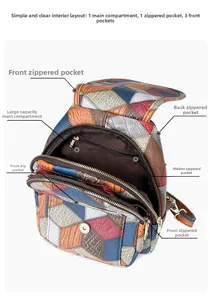 Struttura interna dettagliata dello zaino in pelle patchwork con tasche a cerniera multiple