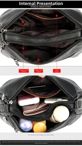 Détail des compartiments internes et de la capacité du sac bandoulière noir en similicuir