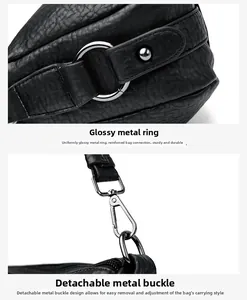 Détails du cuir grainé noir et des anneaux métalliques sur un sac à bandoulière moderne