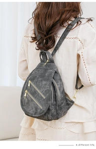 Detalle de mochila gris oscuro con múltiples cremalleras doradas y tejido de textura suave