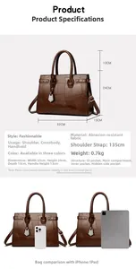 Detailed size chart of dark brown tote bag showing 32x24x13cm dimensions and interior layout