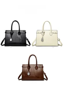 Detailed color display of patchwork leather tote bags in black, beige, and brown