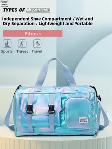 Detail view of holographic travel bag with separate shoe compartment and dry-wet pocket