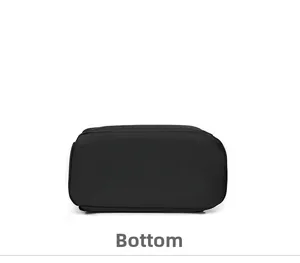 Detail view showing the reinforced rectangular bottom of this black nylon backpack