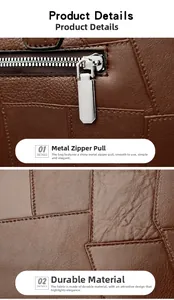 Detail of silver zipper hardware and brown textured synthetic leather on tote bag