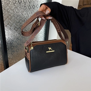 Large capacity black textured Boston bag with brown trim and stylish fabric strap