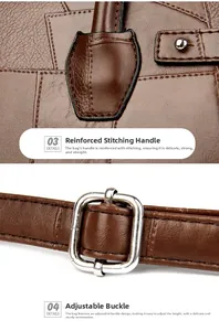 Detail view of reinforced stitching handles and adjustable metal buckle on leather tote