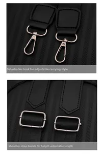 Detail of adjustable metal buckle and detachable swivel hook on black nylon backpack strap