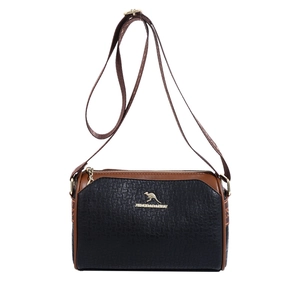 Black and brown textured leather Boston bag with gold kangaroo logo and shoulder strap