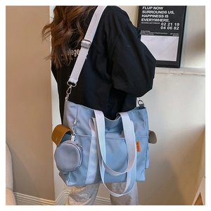 Detail of light blue nylon tote bag with grey wide shoulder strap and round coin purse