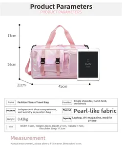 Detailed size parameters of pink gym travel bag with dimensions and iPad for scale