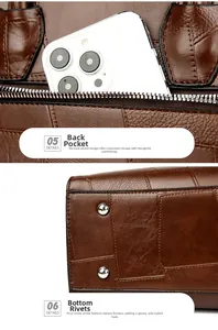 Detail of dark brown faux crocodile leather tote with rear zipper pocket and protective metal studs