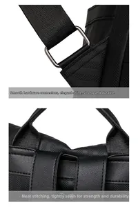 Detail of silver metal buckle and precision stitching on the black nylon backpack strap