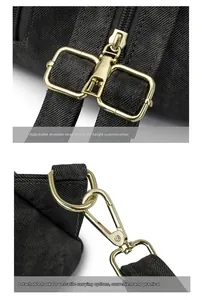 Detalle macro de la hebilla de ajuste de metal dorado y el gancho de resorte de la mochila