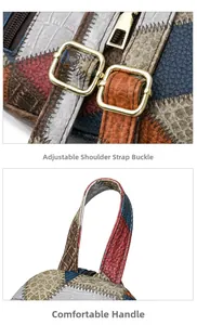 Dettaglio borsa in pelle patchwork multicolore con fibbia in metallo e manico rinforzato