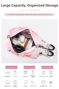Pink travel bag detail showing large capacity storage for shoes, books and electronics