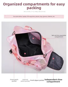 Detail view of pink holographic gym bag with separate shoe compartment and wet pocket