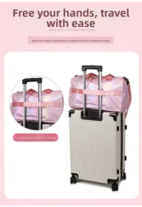 Pink holographic travel tote detail showing the trolley sleeve for suitcase attachment