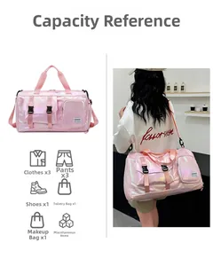 Pink holographic travel bag detail showing large capacity with several storage pockets