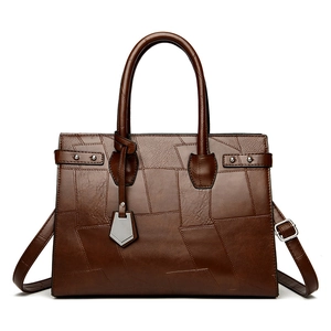Women Patchwork Tote Bag PU Leather Geometric Pattern Large Capacity Handheld Shoulder Crossbody Bag Silver Hardware Trendy