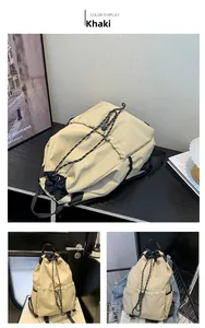 Detail view of khaki drawstring backpack in various lifestyle scenes showing nylon material