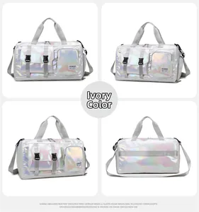 Macro detail of cream white holographic fitness bag with multi-pocket design