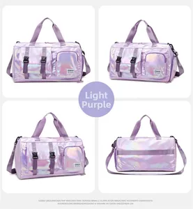 Multiple views of light purple holographic travel bag with adjustable shoulder straps