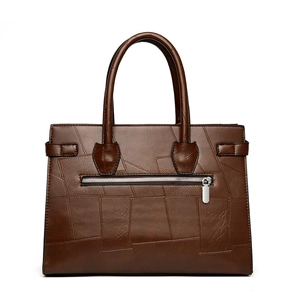 Fashionable dark brown PU leather tote bag with geometric stitching and round handles
