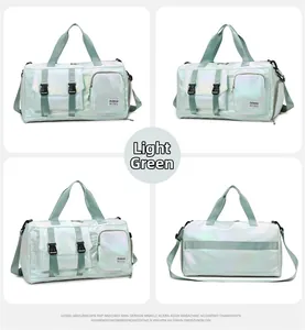 Detail view of a light green travel bag with pearlescent finish and multiple pockets