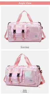 Detailed front and side view of iridescent waterproof nylon travel bag with buckles