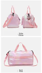 Detailed side and back view of iridescent pink travel bag with luggage sleeve