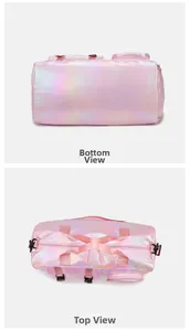 Top and bottom views of a holographic pink travel bag with metallic finish and zippers