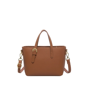 Classic brown pebble leather bucket bag with top handles and golden hardware