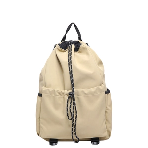 Waterproof nylon drawstring backpack in khaki and black for sports and travel