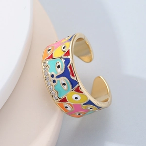 Artistic 18K gold plated adjustable ring featuring enamel evil eye and floral face designs