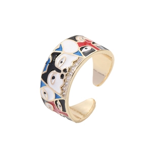 Adjustable 18K gold plated copper ring with colorful enamel abstract eye and flower patterns