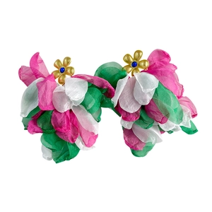 Handmade oversized floral tassel earrings with pink gauze petals and blue gemstones
