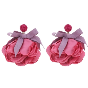 Exaggerated dark pink fabric flower earrings with purple velvet bow and pink beaded studs