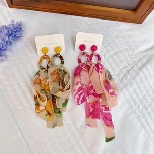 Boucles D'oreilles Bohèmes Longues En Tissu À Pompons Pour Femmes Ruban Mousseline Imprimé Floral Fait Main Bijoux En Alliage