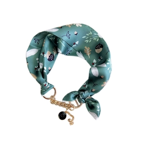 Dark green silk scarf necklace with natural botanical prints and gold chain accents