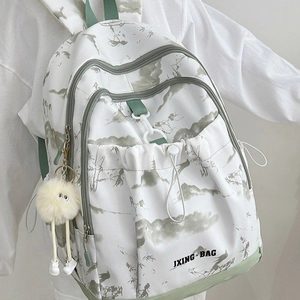 Sac à dos chic de style chinois blanc et vert avec imprimé floral et pompon blanc