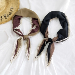 Diamond patterned cotton linen scarf with elegant lace trim and retro color blocking style