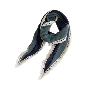 Diamond patterned cotton linen scarf with vintage lace trim in navy and green